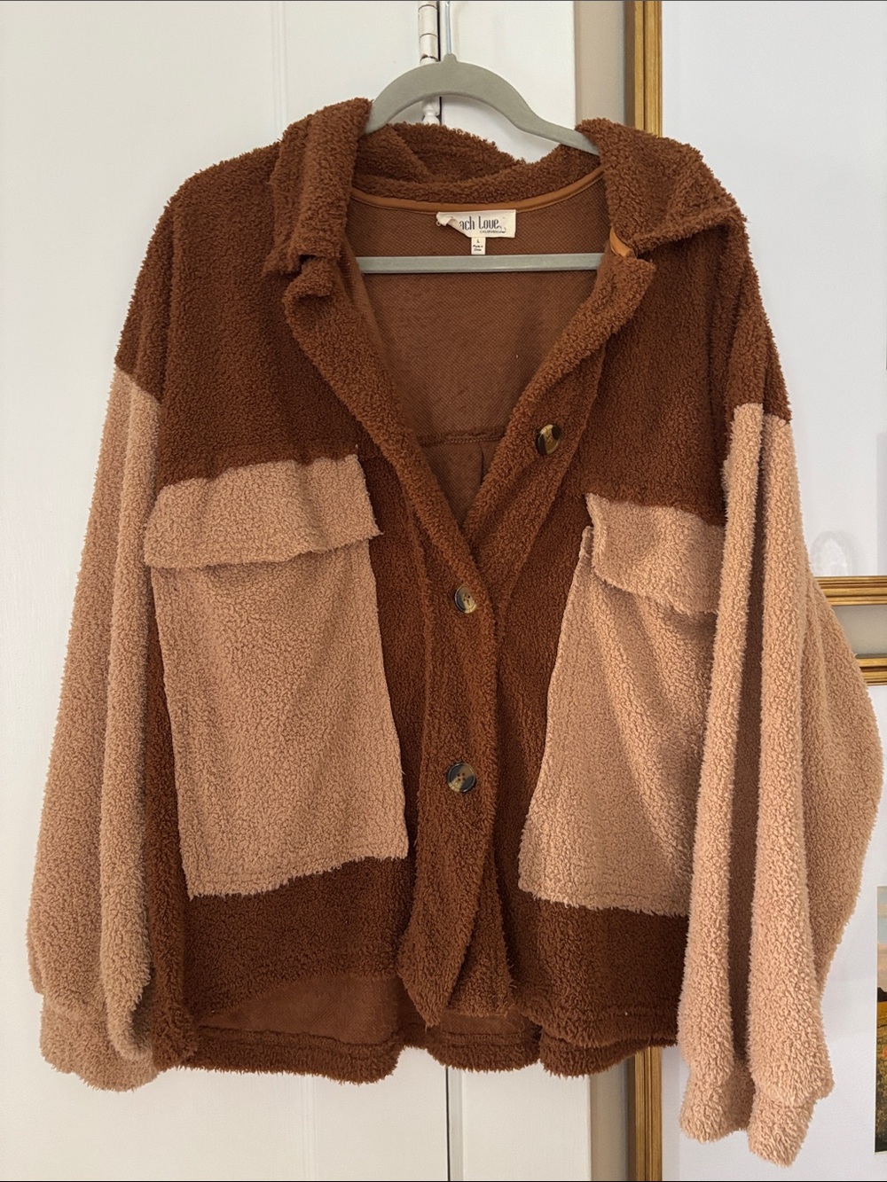Peach Love California Two-Tone Teddy Jacket in Brown and Blush